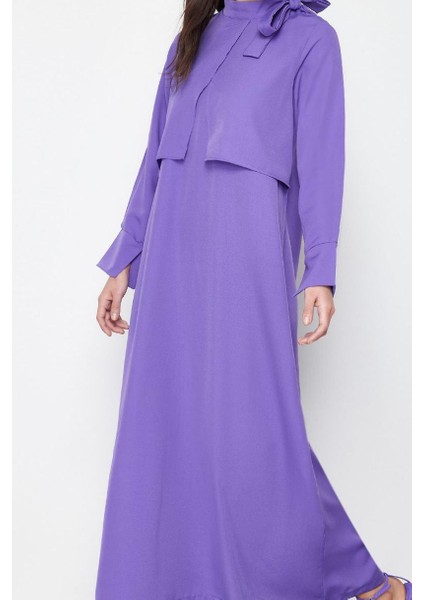 Kadın Moda Şık Tesettür Maxi Boy Boyundan Bağlamalı Regular Yakası Bağlama Detaylı Dokuma Elbise fiyatları