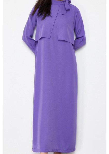 Kadın Moda Şık Tesettür Maxi Boy Boyundan Bağlamalı Regular Yakası Bağlama Detaylı Dokuma Elbise modelleri