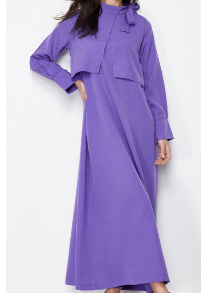 Kadın Moda Şık Tesettür Maxi Boy Boyundan Bağlamalı Regular Yakası Bağlama Detaylı Dokuma Elbise fırsatları