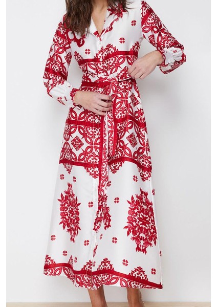 Kadın Moda Şık Tesettür Maxi Boy Gömlek Yaka Regular Dokuma Saten Desenli Gömlek Abiye Elbise fiyatları