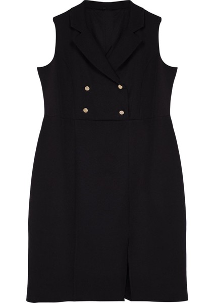 Kadın Büyük Beden Midi Boy Degaje Yaka Oversize Yırtmaçlı Fitted Vücuda Oturan Dokuma Elbise