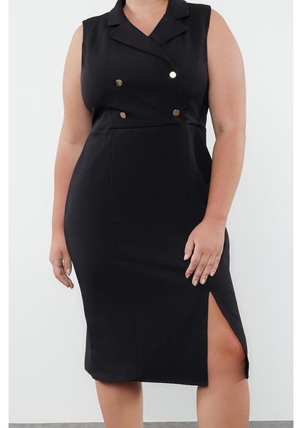 Kadın Büyük Beden Midi Boy Degaje Yaka Oversize Yırtmaçlı Fitted Vücuda Oturan Dokuma Elbise