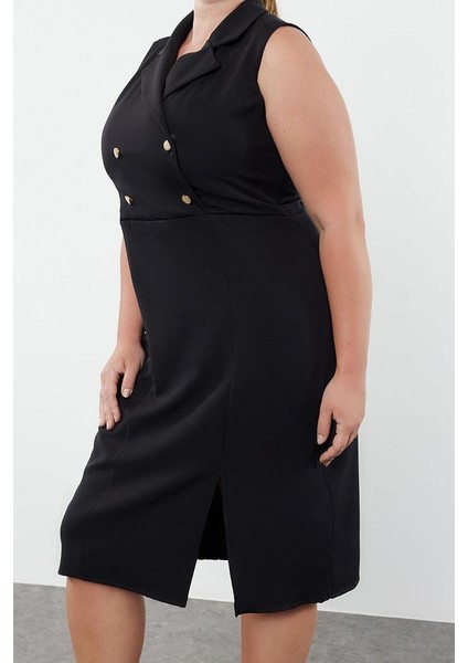 Kadın Büyük Beden Midi Boy Degaje Yaka Oversize Yırtmaçlı Fitted Vücuda Oturan Dokuma Elbise