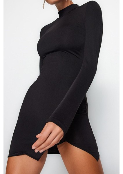 Kadın Moda Şık Mini Boy Dik Yaka Fitted Vücuda Oturan Örme Kısa Şık Abiye Elbise modelleri
