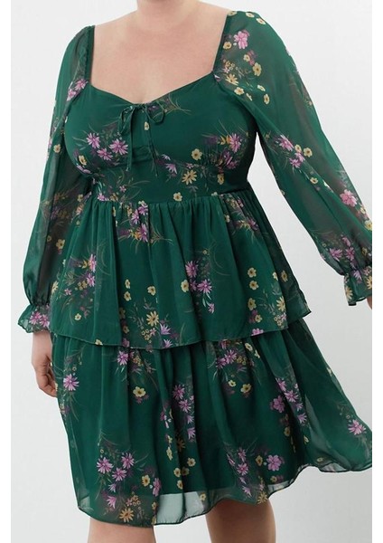 Kadın Moda Şık Büyük Beden Mini Boy Kare Yaka Relaxed Şifon Dokuma Büyük Beden Elbise fiyatları