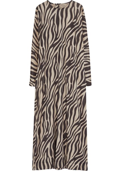 Kadın Moda Şık Tesettür Maxi Boy Bisiklet Yaka Regular Krinkle Örme Animal Zebra Desenli Elbise