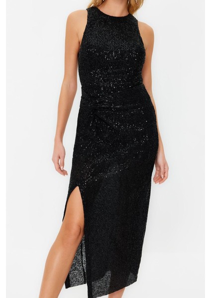 Kadın Moda Midi Boy Halter Yaka Fitted Vücuda Oturan Örme Parıltılı Pullu Örme Payet Abiye Elbise