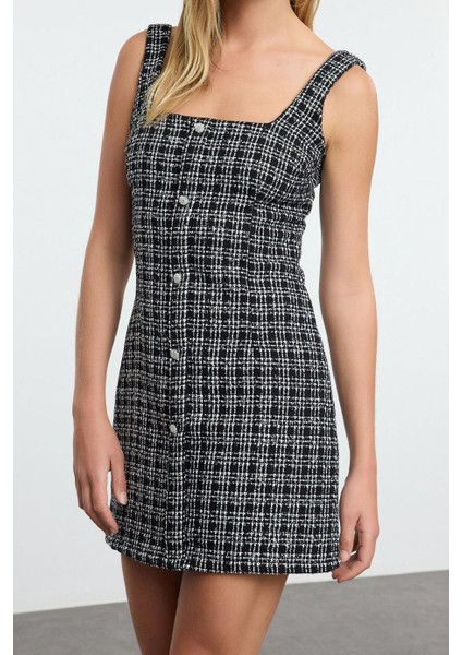 Kadın Moda Şık Mini Boy Kare Yaka Fitted Taş Akseasuarlı Simli Tüvit Dokuma Kısa Elbise modelleri