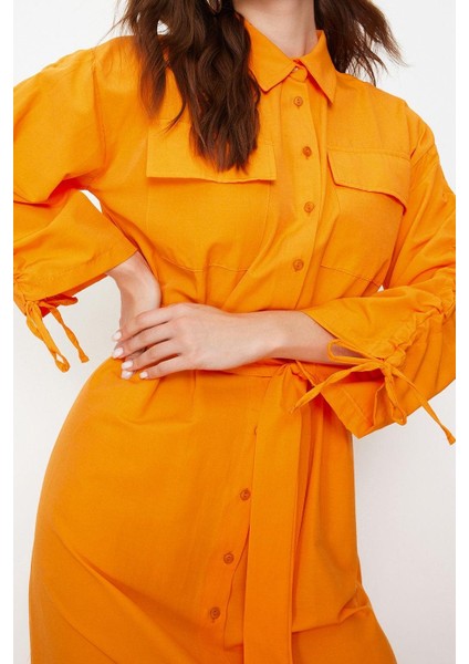 Kadın Tesettür Maxi Boy Oversize Kuşaklı Kolları Ayarlanabilir Detaylı Pamuklu Dokuma Gömlek Elbise fırsatları