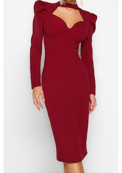 Kadın Moda Şık Midi Boy Dik Yaka Fitted Vücuda Oturan Dokuma Şık Abiye Elbise