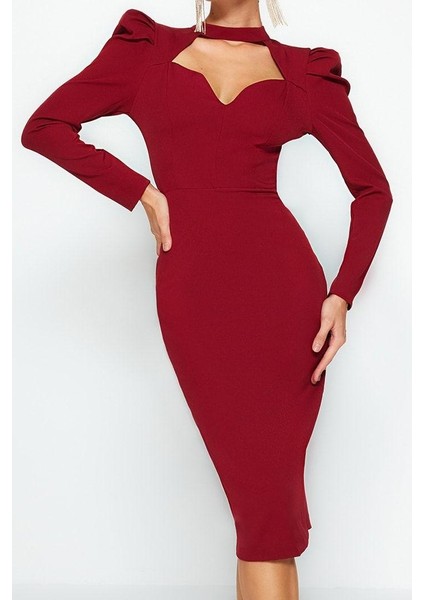 Kadın Moda Şık Midi Boy Dik Yaka Fitted Vücuda Oturan Dokuma Şık Abiye Elbise