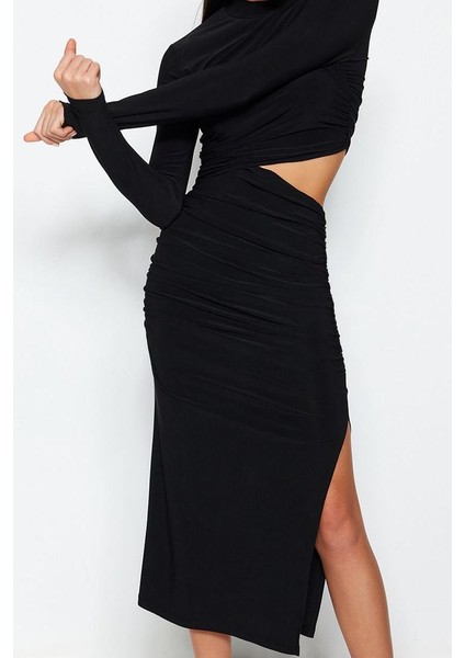 Kadın Moda Şık Midi Boy Dik Yaka Fitted Pencere Cut Out Detaylı Şık Abiye Elbise fiyatları