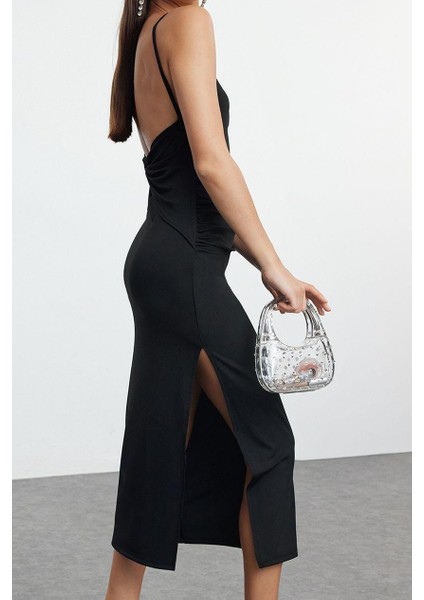 Kadın Moda Şık Midi Boy Kare Yaka Fitted Sırt Detaylı Vücuda Oturan Örme Elbise