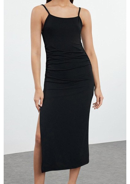 Kadın Moda Şık Midi Boy Kare Yaka Fitted Sırt Detaylı Vücuda Oturan Örme Elbise