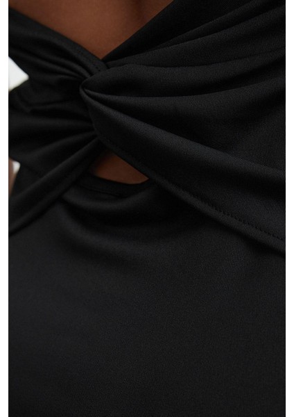 Kadın Moda Şık Midi Boy Kare Yaka Fitted Sırt Detaylı Vücuda Oturan Örme Elbise