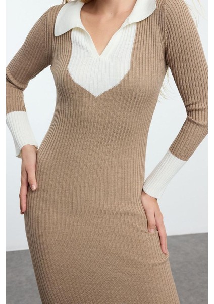 Kadın Moda Şık Midi Boy Polo Yaka Slim Triko Renk Bloklu Elbise modelleri