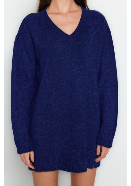 Kadın Moda Şık Mini Boy V Yaka Oversize Triko Yumuşak Dokulu Elbise Triko Yumuşak Dokulu
