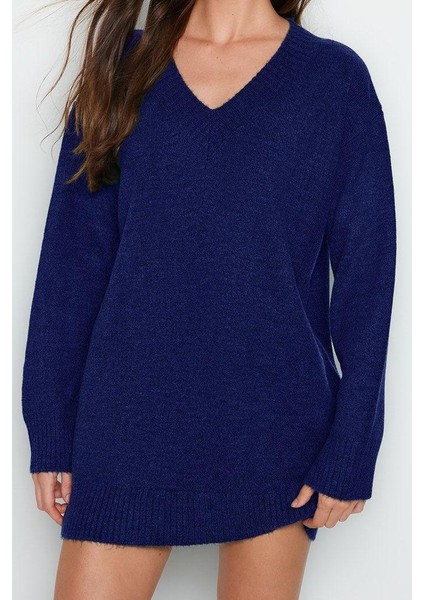 Kadın Moda Şık Mini Boy V Yaka Oversize Triko Yumuşak Dokulu Elbise Triko Yumuşak Dokulu