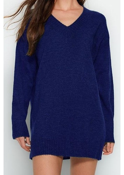 Kadın Moda Şık Mini Boy V Yaka Oversize Triko Yumuşak Dokulu Elbise Triko Yumuşak Dokulu