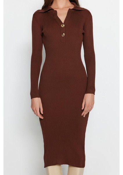 Kadın Moda Şık Midi Boy Polo Yaka Slim Triko Elbise