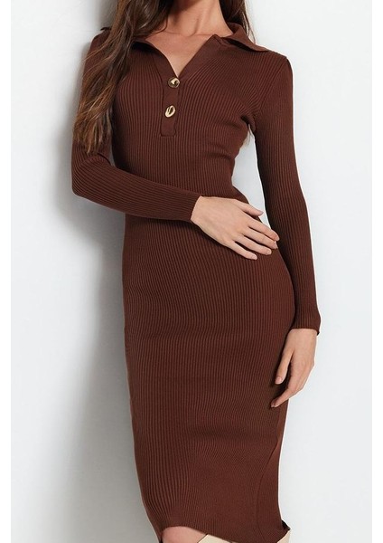 Kadın Moda Şık Midi Boy Polo Yaka Slim Triko Elbise