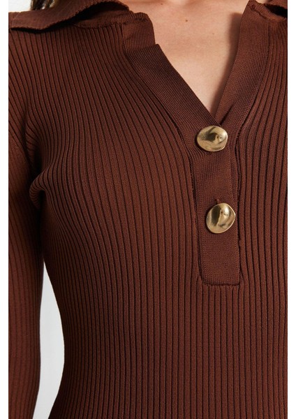 Kadın Moda Şık Midi Boy Polo Yaka Slim Triko Elbise