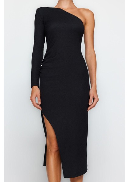 Kadın Moda Şık Midi Boy Asimetrik Yaka Fitted Vücuda Oturan Örme Şık Abiye Elbise