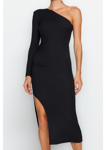 Kadın Moda Şık Midi Boy Asimetrik Yaka Fitted Vücuda Oturan Örme Şık Abiye Elbise fiyatları