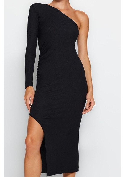 Kadın Moda Şık Midi Boy Asimetrik Yaka Fitted Vücuda Oturan Örme Şık Abiye Elbise fırsatları