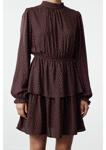 Kadın Moda Şık Mini Boy Bisiklet Yaka Regular Puantiyeli Belden Açılan Volanlı Dokuma Elbise