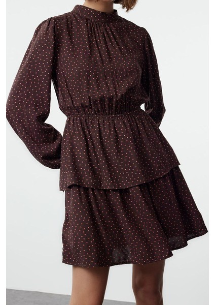 Kadın Moda Şık Mini Boy Bisiklet Yaka Regular Puantiyeli Belden Açılan Volanlı Dokuma Elbise modelleri