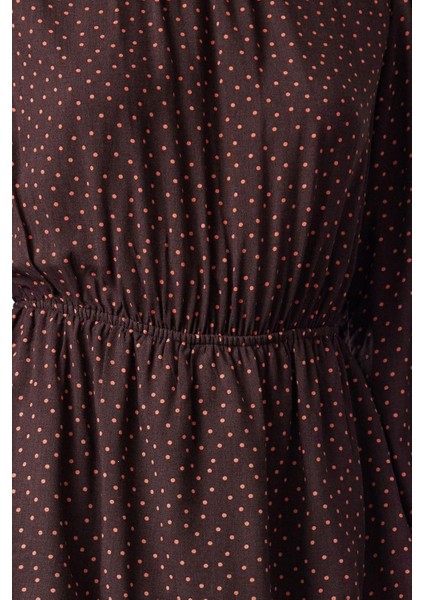 Kadın Moda Şık Mini Boy Bisiklet Yaka Regular Puantiyeli Belden Açılan Volanlı Dokuma Elbise fırsatları