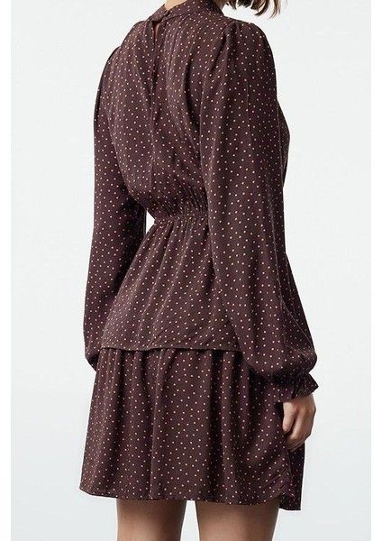 Kadın Moda Şık Mini Boy Bisiklet Yaka Regular Puantiyeli Belden Açılan Volanlı Dokuma Elbise indirimleri