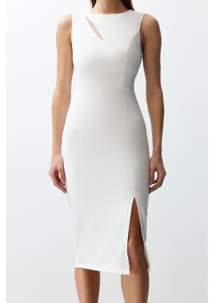 Kadın Moda Şık Midi Boy Bisiklet Yaka Fitted Bridal Pencere Cut Out Detaylı Dokuma Elbise