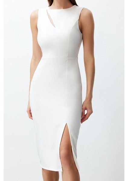 Kadın Moda Şık Midi Boy Bisiklet Yaka Fitted Bridal Pencere Cut Out Detaylı Dokuma Elbise