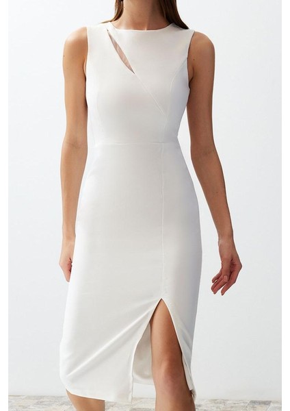 Kadın Moda Şık Midi Boy Bisiklet Yaka Fitted Bridal Pencere Cut Out Detaylı Dokuma Elbise