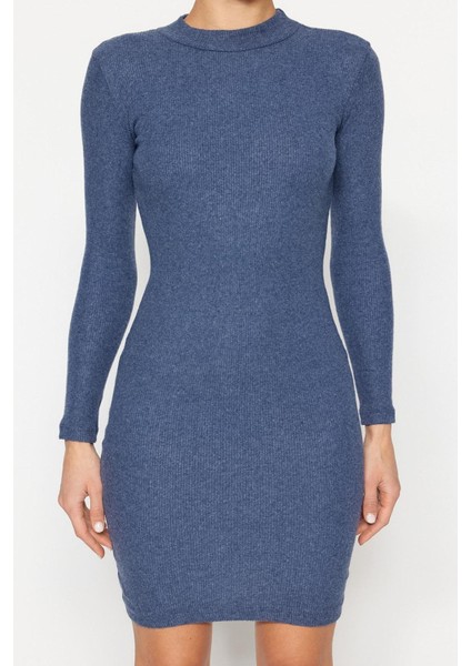 Kadın Moda Mini Boy Dik Yaka Slim Indigo Vücuda Oturan Yarım Balıkçı Yaka Fitilli Esnek Örme Elbise