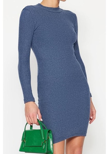 Kadın Moda Mini Boy Dik Yaka Slim Indigo Vücuda Oturan Yarım Balıkçı Yaka Fitilli Esnek Örme Elbise modelleri