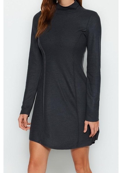 Kadın Moda Şık Mini Boy Dik Yaka Regular Dikiş Detaylı Selanik Örme Elbise