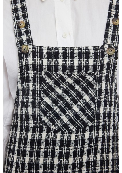 Kadın Moda Şık Mini Boy Kare Yaka Fitted Ekose Kareli Jile Dokuma Elbise