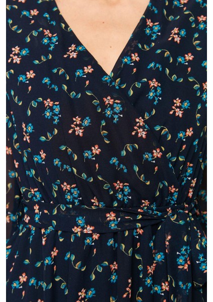 Kadın Moda Şık Mini Boy Kruvaze Regular Çiçek Desenli Kuşaklı Astarlı Şifon Dokuma Elbise