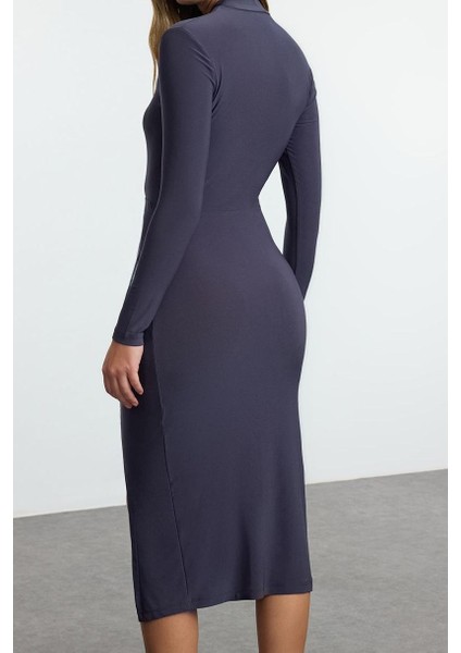 Kadın Moda Midi Boy Dik Yaka Slim Düz Drape Detaylı Yırtmaçlı Fitted Vücuda Oturan Esnek Örme Elbise