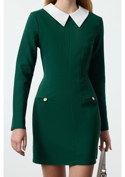 Kadın Moda Şık Mini Boy Gömlek Yaka Regular Yaka Detaylı Dokuma Elbise modelleri