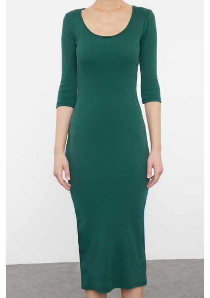 Kadın Moda Maxi Boy Havuz Yaka Slim Fitted Vücuda Oturan Uzun Kollu Bisiklet Yaka Esnek Örme Elbise