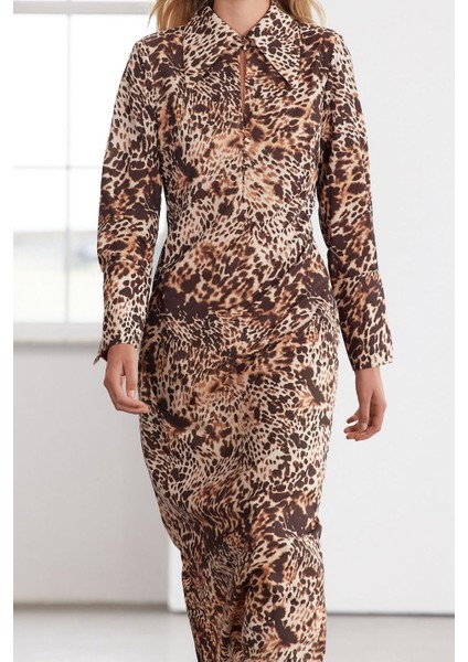 Kadın Moda Şık Maxi Boy Gömlek Yaka Regular Limited Edition Leoparlı Dokuma Elbise