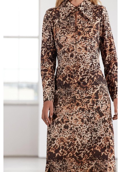 Kadın Moda Şık Maxi Boy Gömlek Yaka Regular Limited Edition Leoparlı Dokuma Elbise