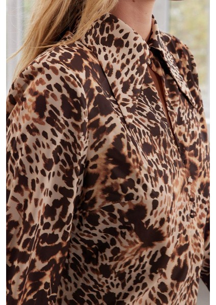 Kadın Moda Şık Maxi Boy Gömlek Yaka Regular Limited Edition Leoparlı Dokuma Elbise