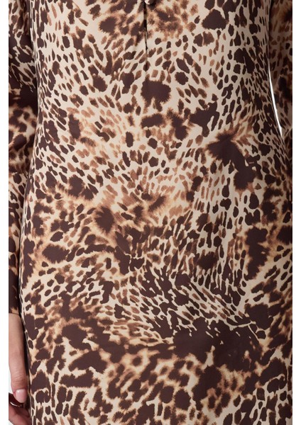 Kadın Moda Şık Maxi Boy Gömlek Yaka Regular Limited Edition Leoparlı Dokuma Elbise