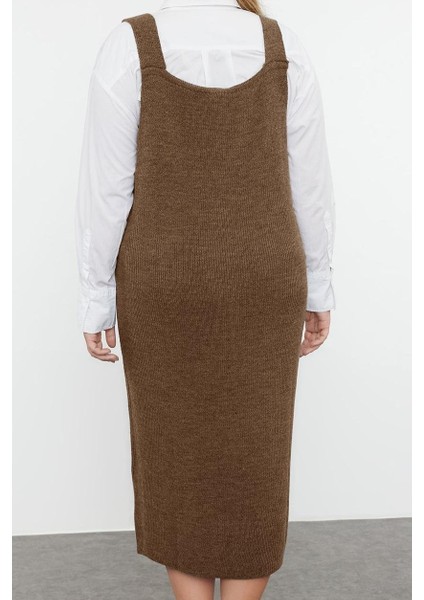 Kadın Moda Şık Büyük Beden Midi Boy V Yaka Fitted Jile Triko Elbise
