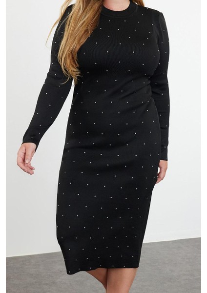 Kadın Moda Şık Büyük Beden Midi Boy Bisiklet Yaka Fitted Taşlı Triko Elbise fiyatları